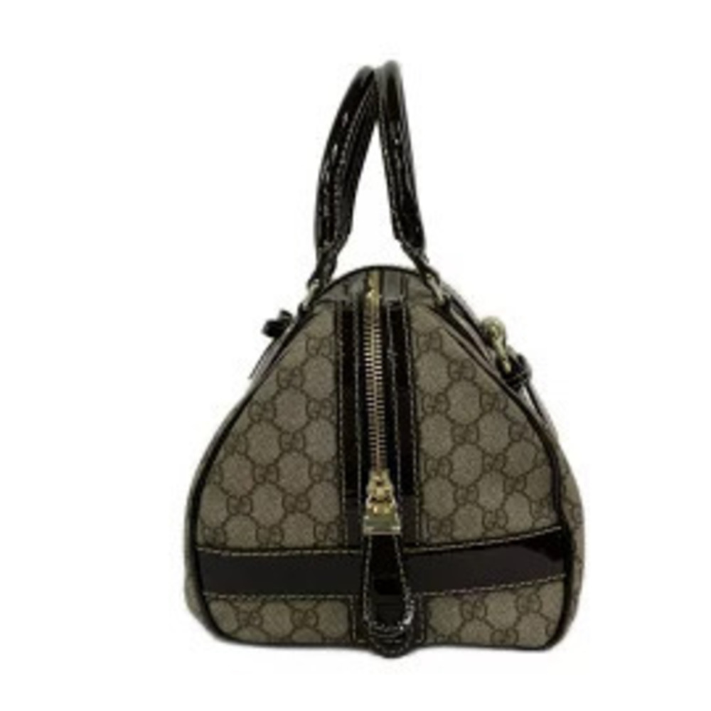 Gucci GG Plus Supreme Handbag Ribbon Boston Bag Beige Dark Brown Leather